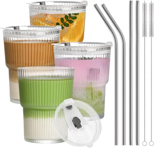 Vista 9 de Vaso reutilizable de 13 onzas para café helado con tapas, vaso transparente para agua, paquete de 2 vasos de vidrio con popote y tapa, vaso