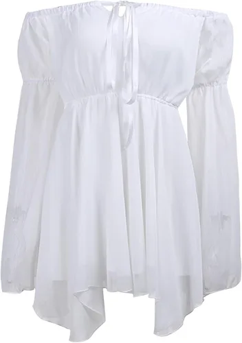 Vista 4 de pbnbp Vestido renacentista con hombros descubiertos para mujer, vestido con corsés, manga acampanada, mini vestido de Halloween ajustado y acampanado