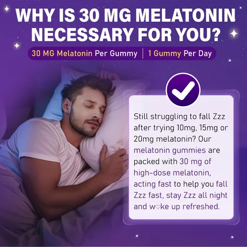 Vista 6 de Gomitas de melatonina de 30 mg para adultos, gomitas de melatonina sin azúcar, máxima fuerza con magnesio, B6, GABA y mezcla botánica, sin hábito