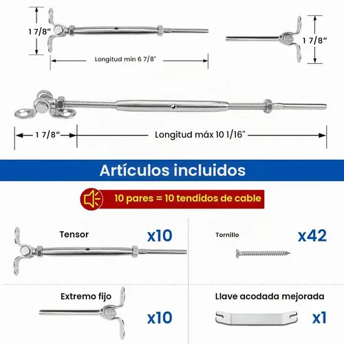 Vista 2 de Muzata Kit de herrajes para barandillas de cable de 1/8 pulgadas, tensor de palanca para poste de madera, acero inoxidable T316, sistema