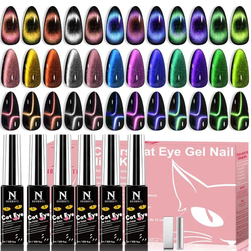 Vista 13 de Kit de esmalte de uñas de gel, 12 colores brillantes con purpurina 9D camaleón ojo de gato, juego de esmalte de uñas de gel con base de luz