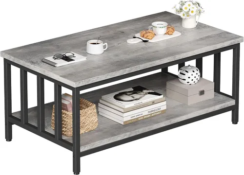 Vista 10 de Mesa de centro para sala de estar con marco de listones laterales, moderna mesa de sala de estar de granja con estante de almacenamiento de 2