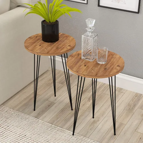 Vista 9 de Juego de 2 mesas auxiliares redondas de madera para sofá para espacios pequeños, mesita de noche con patas de metal para dormitorio, sala de estar