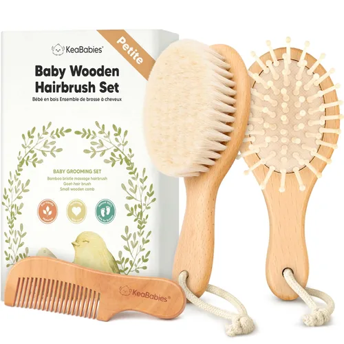 Vista 16 de Juego de cepillo y peine para cabello de bebé para recién nacidos - Juego de cepillos de madera para cabello de bebé con cerdas suaves de cabra