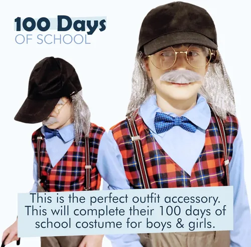 Vista 3 de 4E's Novelty Kit de disfraz de anciano para niños y adultos, incluye sombrero con peluca, gafas, bigote adhesivo y cejas, disfraz del día 100