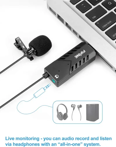 Vista 3 de FIFINE Micrófono de solapa Lavalier USB, condensador cardioide con clip, micrófono USB Plug and Play con tarjeta de sonido para PC y Mac-K053