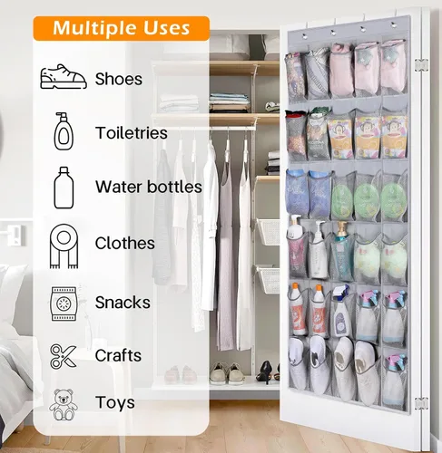 Vista 6 de MISSLO Organizador de zapatos para colgar sobre la puerta, 35 bolsillos grandes, resistente tela Oxford, color gris