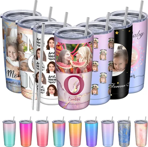 Vista 10 de Regalos para el Día de la Madre, vaso personalizado con foto de mamá, vasos delgados con tapa de nombre y pajita, 20 onzas, taza de café de viaje
