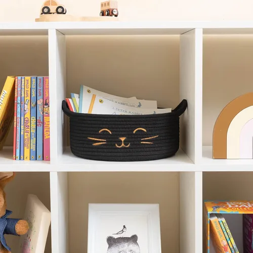 Vista 7 de Cesta pequeña de almacenamiento, cesta de juguetes para mascotas negra y linda para gatos, perros, cesta de cuerda decorativa para organizar, cesta