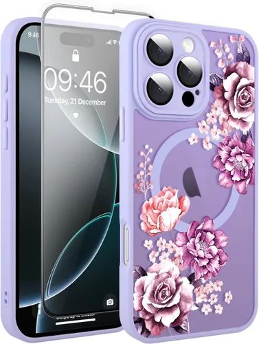 Vista 146 de Funda magnética para iPhone 13 con protector de pantalla [compatible con MagSafe], diseño de patrón floral de flores, a prueba de golpes
