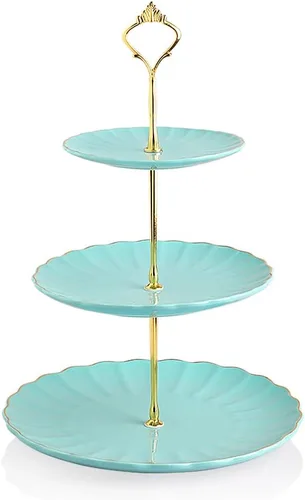 Vista 14 de Sweejar Soporte de cerámica para tartas de 3 niveles, soporte para postres, soporte para cupcakes, bandeja para servir pasteles de fiesta de té Azul