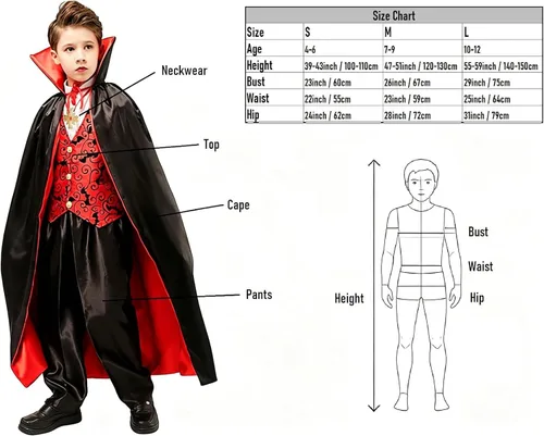 Vista 5 de Disfraz de vampiro para niños con capa, parte superior, pantalones, cuello, disfraz de vampiro para Halloween y carnaval