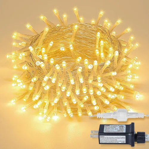Vista 11 de Cadena de 200 luces LED de 98 pies, impermeables con 8 modos con memoria, fuente de alimentación certificada por UL de 30 V para el hogar, jardín