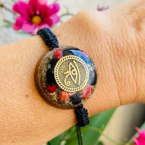 Vista 7 de ARTE ORGONES & Design Pulseras de orgón Ojo de Horus Amuleto Protección Orgonita Turmalina Negra Pirita Chackra Cristales Curativos Hombres Mujeres