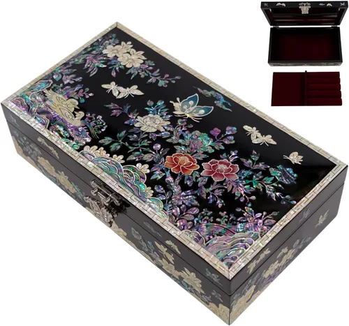 Vista 15 de Joyero de nácar con bandeja extraíble para anillos, regalos para mujeres, cumpleaños, boda, Navidad