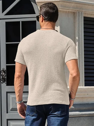 Vista 3 de PLEPAN Camiseta casual para hombre, cuello redondo, manga corta, para verano, playa, malla, punto gofre, tejido pesado, suave, para hombre