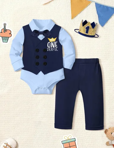 Vista 4 de Traje de primer cumpleaños para niño, traje de primer cumpleaños para niño de Mr Onederful, traje de cumpleaños, mameluco, chaleco, pantalones