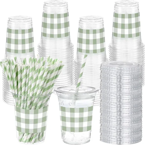 Vista 7 de Sliner 50 juegos de vasos de plástico a cuadros de 16 onzas con tapas y pajitas de papel, vasos desechables transparentes para fiesta de autos