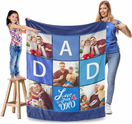Vista 23 de Manta personalizada para el Día del Padre, regalos para papá, mantas personalizadas con fotos, mantas personalizadas de collage de fotos, manta suave