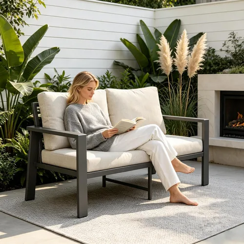 Vista 17 de Juego de muebles de aluminio para exteriores para todo tipo de clima, sofá seccional con mesa auxiliar y cojines con fundas extraíbles para terraza