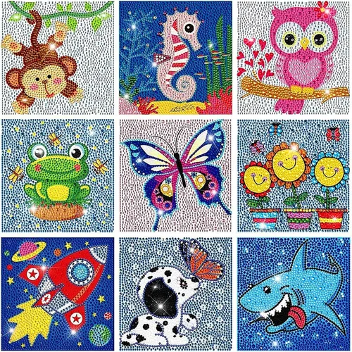 Vista 9 de HUBENDMC Kits de pintura de diamantes para niños, paquete de 6 gemas para niños, arte de diamantes fácil para principiantes, manualidades de puntos