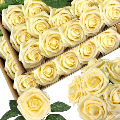 Vista 13 de 25 piezas Flores Artificiales de Espuma Rosas Falsas con Tallos 8 Hojas Rosas Sintéticas de Aspecto Real para Ramos de Boda Centros de Mesa de Negro