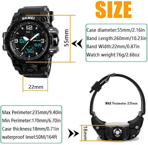Vista 3 de Mens Analog Digital LED 50M Waterproof Outdoor Sport Watch Military Multifunction Casual Dual Display 12H24H Stopwatch Calendar Wrist Watch