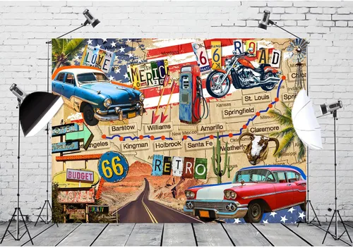 Vista 3 de HANYING Telón de fondo vintage de ruta 66, motocicleta clásica para automóvil, estación de servicio, mapa de ruta, fotografía, fondo retro, fiesta