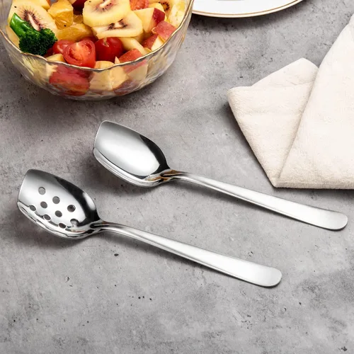 Vista 5 de IMEEA Juego de 2 cucharas de cocina compactas de fondo plano de 8 pulgadas, cuchara de cocina ranurada y sólida de acero inoxidable 18/8, cuchara