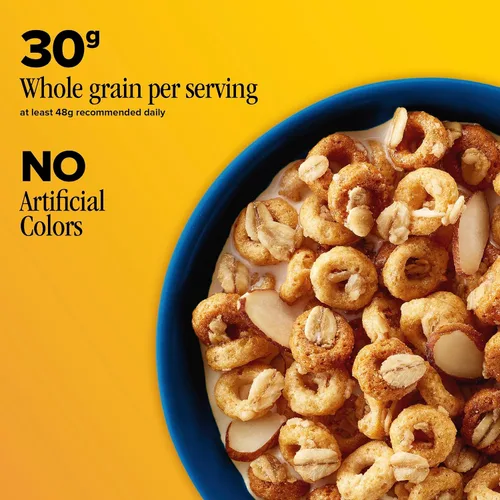 Vista 4 de Cheerios Cereal de desayuno de almendras crujientes de avena, hecho con grano entero, tamaño grande, 18.2 onzas 25% More Almonds, 30g Whole Grain