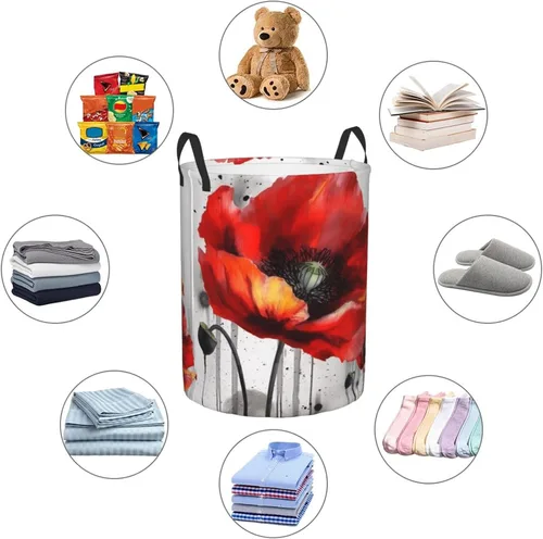 Vista 6 de Beautiful Poppy Flower Ink print Circular Hamper Waterproof Storage Bin Organizer Basket Laundry Hamper With Handles For Clothes Toys Small