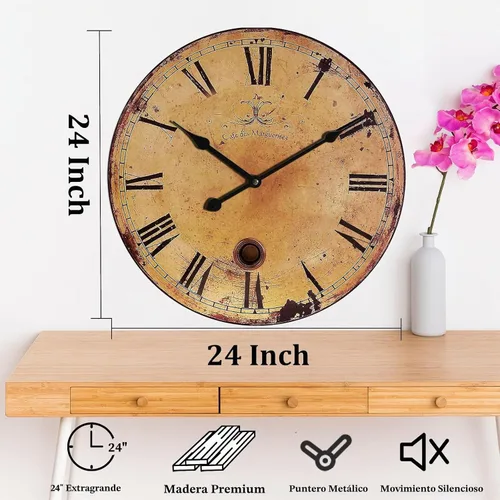 Vista 2 de Reloj de pared grande silencioso de 24 pulgadas vintage rústico para Números romanos retro