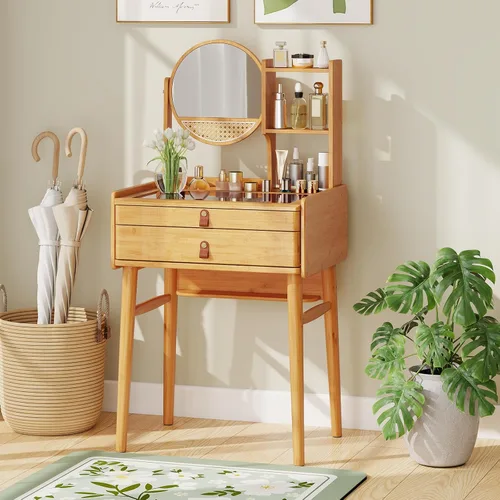 Vista 2 de Escritorio de tocador bohemio con espejo, mesa de tocador de maquillaje de bambú con 2 cajones de almacenamiento, estantes de gabinete y mesa