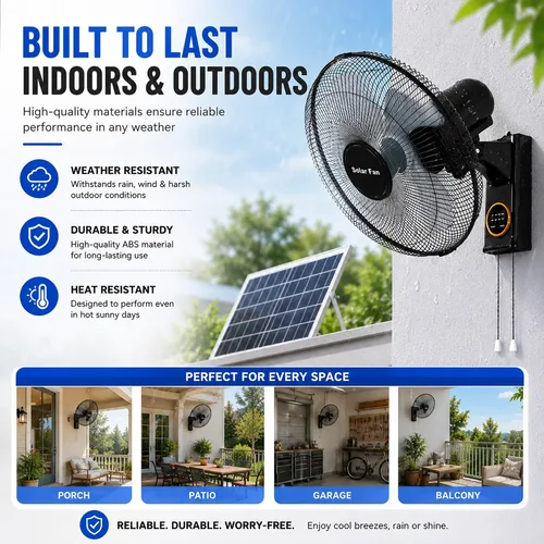 Vista 8 de Extractor solar montado en la pared, ventilador oscilante de 16 pulgadas con control remoto, 5 aspas 3 velocidades, temporizador, AC/solar