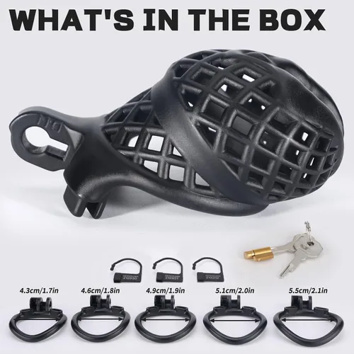 Vista 7 de Jaula de castidad masculina, dispositivo de castidad pequeño con anillos de 5 tamaños y sonido uretral para hombre, equipo de bondage,