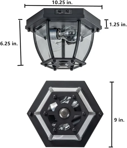 Vista 6 de Lámpara de techo empotrada con sensor de movimiento, 2 luces de porche al aire libre, montaje en techo, impermeable, negro mate, lámpara de techo