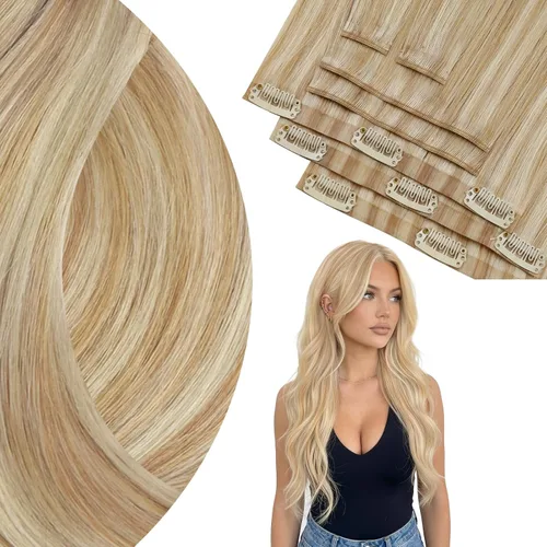 Vista 31 de Ve Sunny Extensiones de cabello clip-in de cabello humano real con reflejos, extensiones de cabello con clip para cabello corto, marrón oscuro