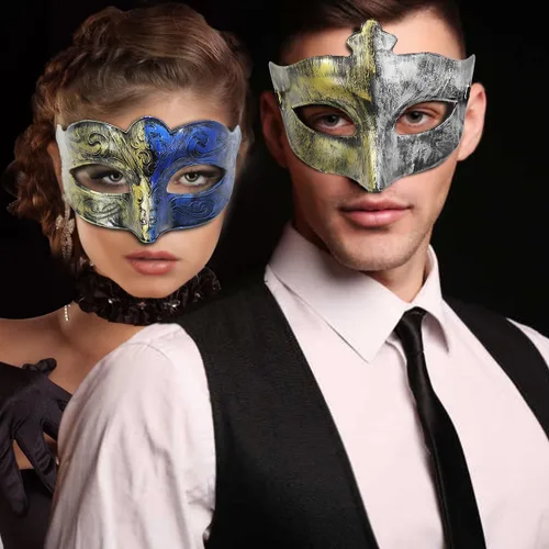 Vista 7 de Máscara de máscaras para hombres, parejas, máscara griega romana para Mardi Gras veneciano, disfraces, fiesta, baile de graduación (oro real + azul)