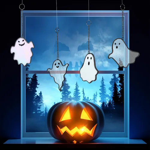 Vista 6 de Yungyan 4 piezas de fantasmas de Halloween con vitrales pintados a mano para colgar en la ventana, atrapasoles de Halloween, decoración gótica