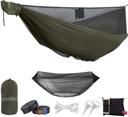 Vista 11 de OneWind Hamaca portátil para acampar de 11 pies con mosquitera, hamaca doble Ridgeline ajustable con correas de árbol de 2 x 12 pies, color marrón