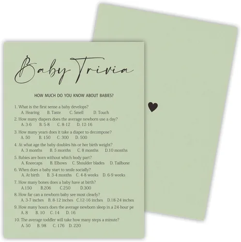 Vista 8 de 30 tarjetas de juego minimalistas verdes para baby shower con tarjeta de respuesta, juego de vientre de bebé o cerveza, juegos de baby shower