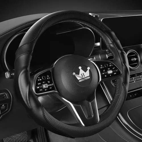 Vista 2 de HighnessHwoo Funda 3D para volante de automóvil, agarre cómodo, masaje deportivo, antideslizante, de fibra de carbono, piel sintética para sedán