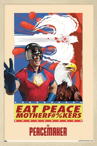 Vista 7 de DC Comics TV Peacemaker - Póster de pared Eat Peace, 22.4 pulgadas de largo x 14.7 pulgadas de ancho, versión enmarcada de madera de granero Versión