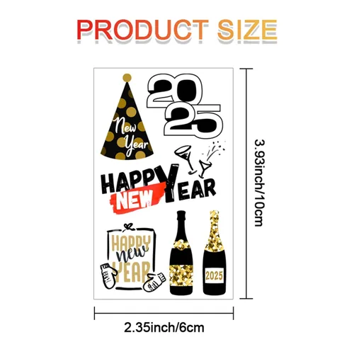 Vista 5 de 65 piezas de suministros para fiesta de Año Nuevo, 12 hojas de calcomanías de tatuajes temporales, decoraciones de feliz año nuevo, decoración NYE