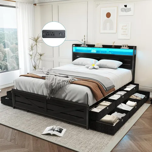 Vista 9 de Kiivakii Base de cama de tamaño matrimonial con cabecero, plataforma LED con 4 cajones de almacenamiento, estación de carga integrada, sin ruido