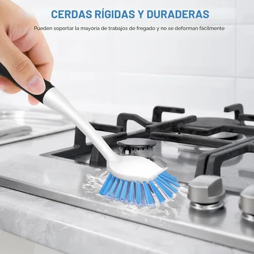 Vista 4 de SetSail Cepillo de platos con asa, paquete de 2 cepillos de cerdas rígidas con raspador integrado para limpiar platos, ollas y sartenes, fregadero