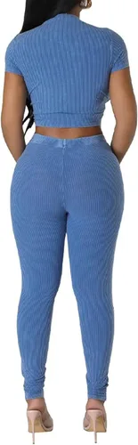 Vista 5 de acelyn Conjunto de entrenamiento casual para mujer, trajes de 2 piezas para verano, acanalados, manga corta, top corto y leggings de cintura alta