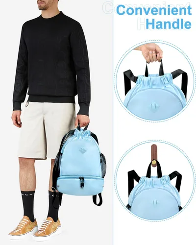 Vista 7 de Mochila de gimnasio con cordón y compartimento para zapatos para hombres y mujeres, bolsa deportiva de cuerda con bolsillo húmedo, bolsa de playa