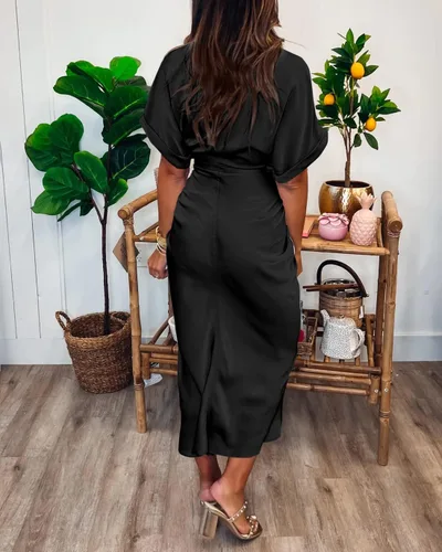 Vista 5 de BTFBM Vestido camisero fruncido con botones para mujer, manga corta, con solapa, cuello en V, elegante, para fiesta, primavera, verano, maxivestido