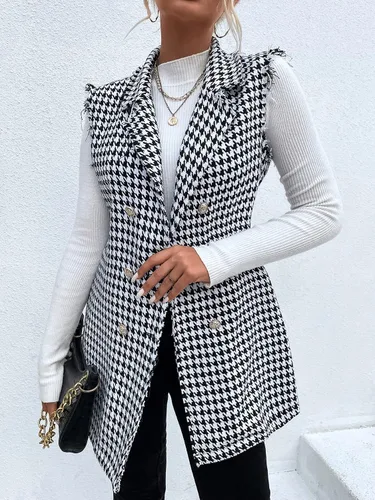 Vista 4 de WDIRARA Chaqueta larga con estampado de pata de gallo para mujer, sin mangas, con solapa, ribete sin procesar, con botones en la parte delantera